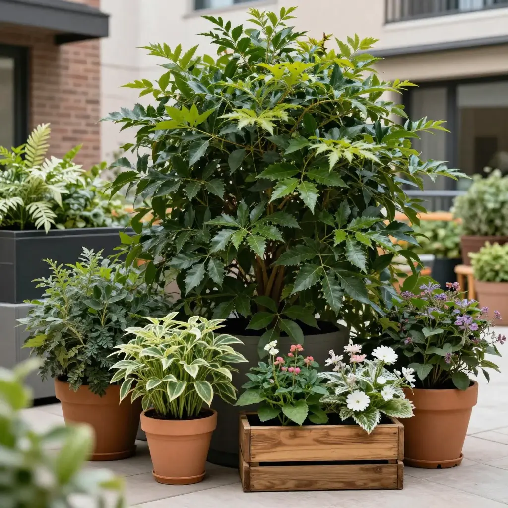 Beautiful terrace plants arrangement in urban setting